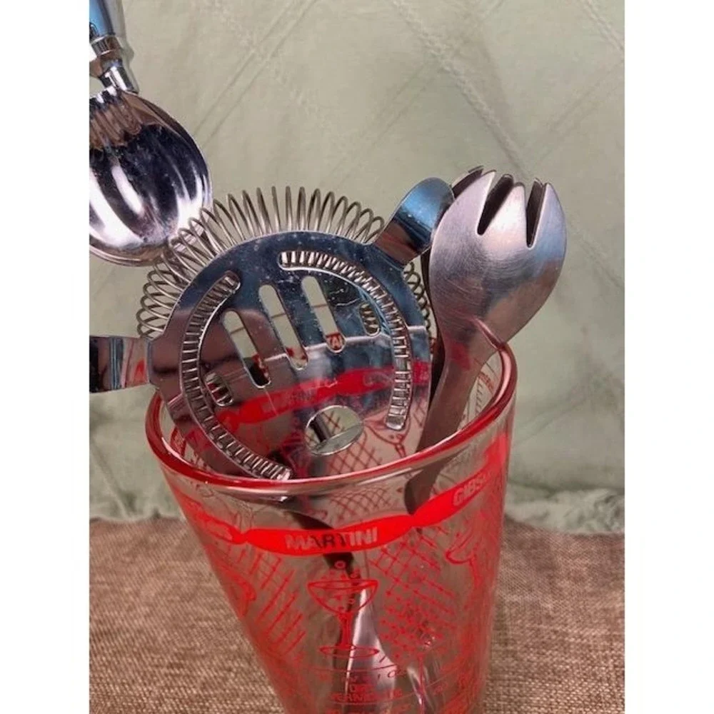 Vintage Cocktail Multi-Recipe Mixing Glass and 5 Piece Bar Tool Set Stainless